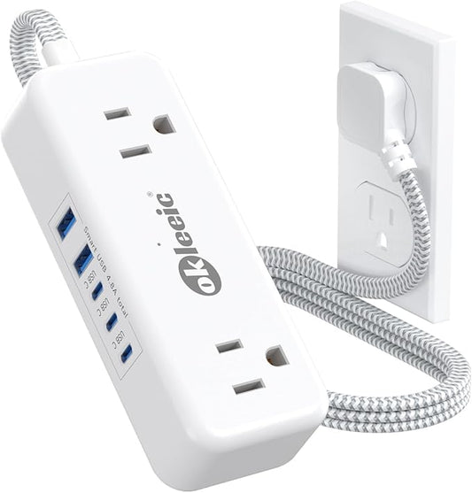 Power Strip with USB C, Small Extension Cord with 4 Outlets & 2 USB-A and 3 USB-C Ports 4.8A/24W Charging Station, 3 Ft 2 Sides Outlet Extender Non Surge Protector for Cruise Ship Travel Office Dorm