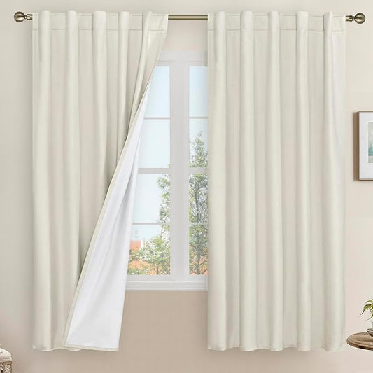 LAMIT Natural 100% Blackout Linen Curtains, 63 Inches Linen Textured Thermal Bedroom Curtains Back Tab and Rod Pocket Neutral Panels with White Liner for Farmhouse, 2 Panels, 42 x 63 Inch, Ivory
