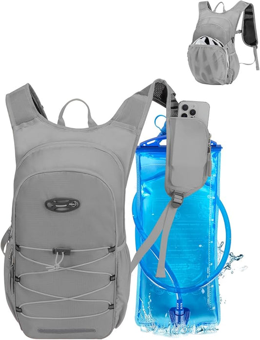 Hydration Backpack with 2L Water Bladder, Hiking Water Backpack for Men Women with Phone Pocket and Helmet Holder