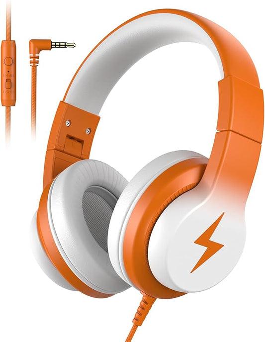 Kids Headphones, Wired Headphones for Kids Over Ear with Microphone, 85/94dB Volume Limiter Headphone for Girls Boys, Foldable Headphone for Learning & Entertainment, White and Orange