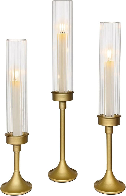 Gold Hurricane Candle Holders - Brass Candlestick Holders Set of 3 Tall Taper Candlesticks Fluted Glass Candle Stick Holder Decor for Wedding Party Christmas Mantel Dining Table Centerpieces