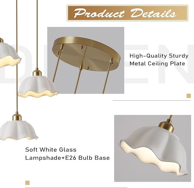 3-Light Pendant Light Modern Industrial Farmhouse Kitchen Island Light Brushed Brass Adjustable Hanging LampFixture White Ceramic Lights Fixture Nordic Glass Hanging Lamp MPL11-3R GD