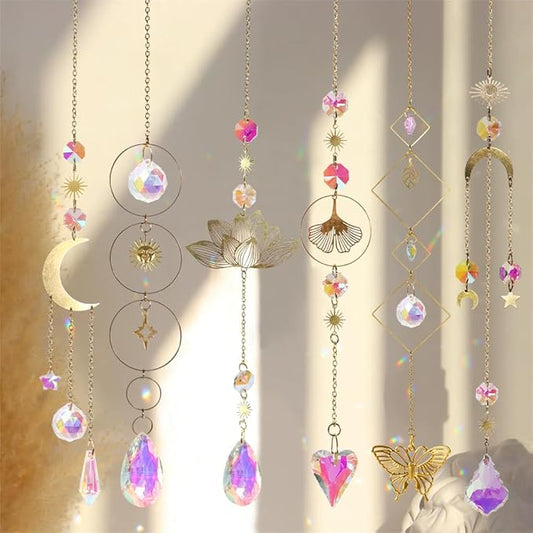 6pcs Crystal Suncatcher, Sun Catcher Hanging for Windows, Spiritual, Rainbow Maker, Crystal Indoor Garden Home Decor,Gemstone Prism（Set 1）
