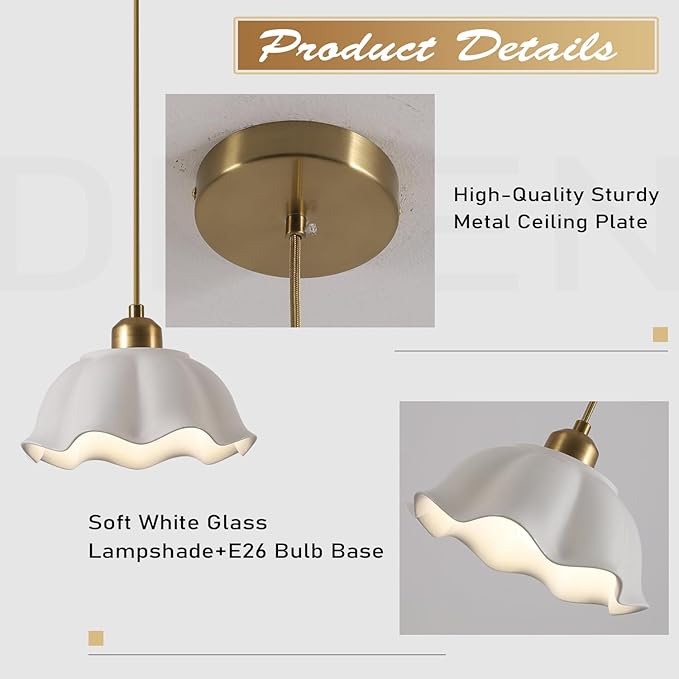 Modern Gold Milk Glass Pendant Light Mid Century Adjustable White Ceramic Hanging Light Fixture Vintage Brass Pendant Light Kitchen Island Nordic Hanging Lamp (2 Pack) MPL11-2 GD