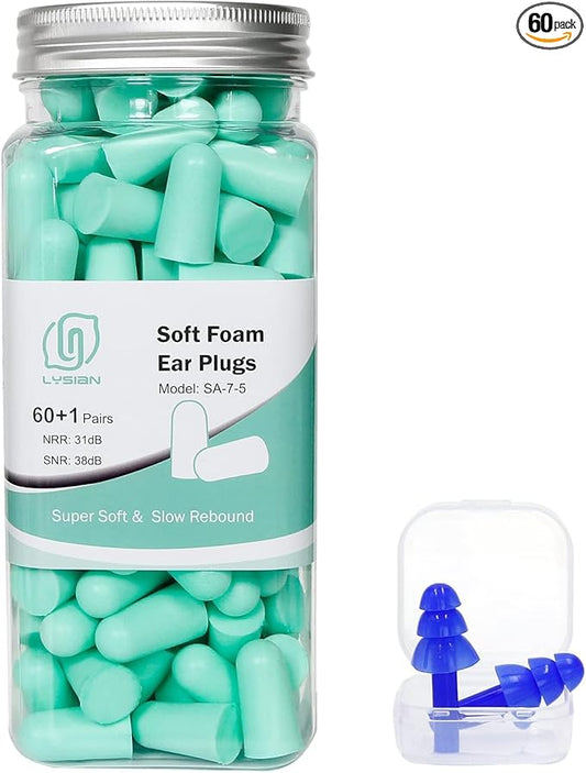 LYSIAN Ultra Soft Foam Earplugs for Sleep - 38dB Noise Cancelling Ear Plugs Perfect for Work, Travel & Shooting. Soundproof & Noise Reduction - 60 Pairs Value Pack (Water Blue)
