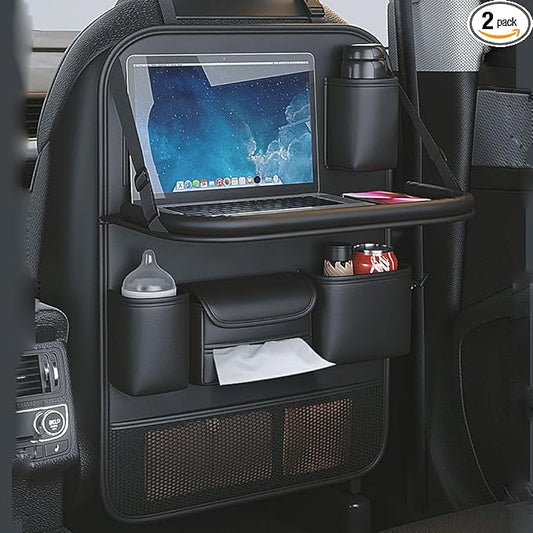 2 Pack Leather Car Backseat Organizer with Foldable Table Tray, Car Storage Organizer with Tablet Holder, Car Seat Back Protectors Kick MatsTravel Accessories