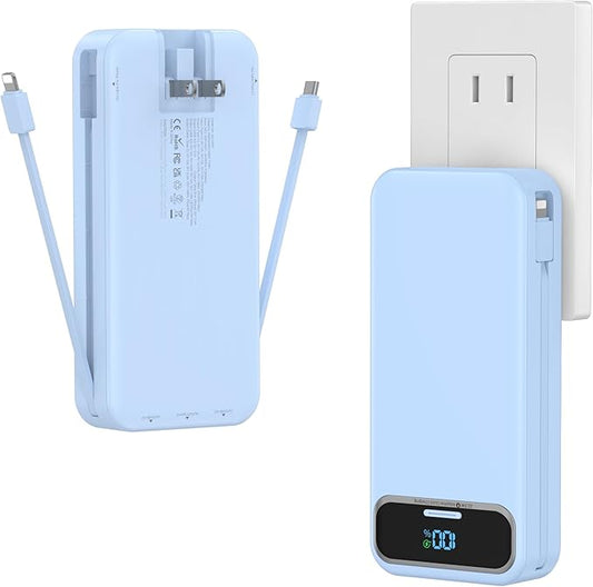20000mAh Lightweight-Portable-Charger-Power-Bank with Built-in Cables and AC Wall Plug, PD20W USB-C Fast Charging Battery Pack, LED Display External Travel Phone Charger for All iPhone,Samsung,Android