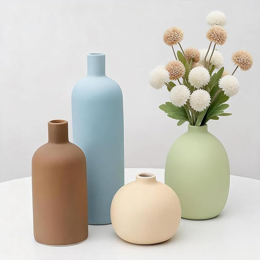 Ceramic Vase Set of 4, Modern Minimalist Colors Home Decor, Rustic Decorative Flowers Vases for Bouquet, Pampas | Table Mantel Centerpiece Bookshelf Living Room Bedroom (Minimalist Mix Set of 4)