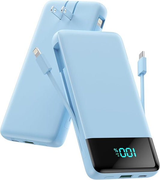 Portable Charger for iPhone,13800mAh Slim Power Bank with Built-in Cables & AC Wall Plug,All in One 4 Outputs USB C Fast Charging Battery Pack Travel Essential for iPhone 17/16/15/14,Android(Sky Blue)