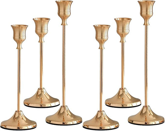 French Gold Candlestick Holders Set of 6, Metal Taper Candle Holders, Classic Decorative Candle Stick for Christmas, Wedding, Party, Dinner Tables,Home Décor