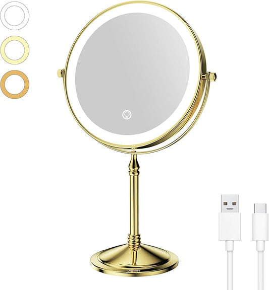 DOWRY 4000 mAh Rechargeable Lighted Makeup Mirror 10x Magnification Vanity Mirror Tabletop Two-Sided Swivel Gifts for Women Wife Mom Teengirls Gold Finish