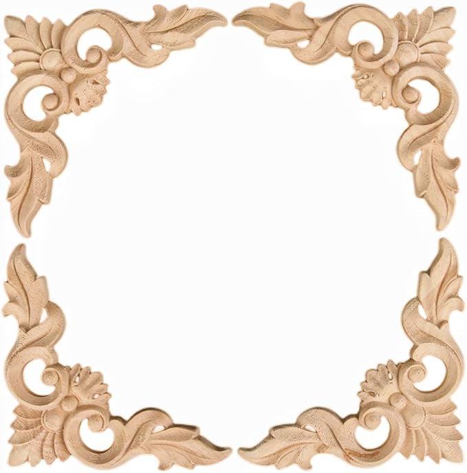 MUXSAM 4Pcs Wood Carved Appliques Onlays, Unpainted Little Wooden Corners Flower Carvings Decals for Mirrors Cabinets Walls Doors Chests Dressers Night Stand DIY Artwork Project, 12x12cm/4.72"x4.72"