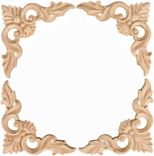 MUXSAM 4Pcs Wood Carved Appliques Onlays, Unpainted Little Wooden Corners Flower Carvings Decals for Mirrors Cabinets Walls Doors Chests Dressers Night Stand DIY Artwork Project, 15x15cm/5.9"x5.9"