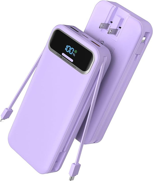 Portable Charger, 20000mAh 22.5W Fast Charging Power Bank with Built-in Cables & Wall Plug, Travel Essential External Battery Pack with LED Display, USB C Battery Phone Charger for iPhone iPad Purple
