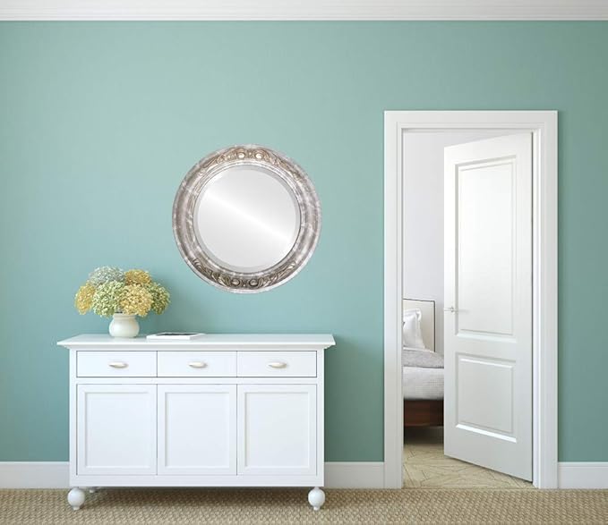 OVALCREST Round Beveled Wall Mirror for Home Decor - Florence Style - Champagne Silver - 34x34 Outside Dimensions