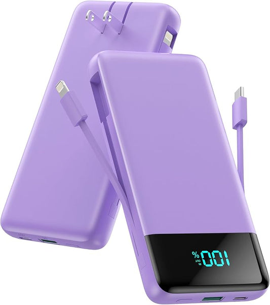 Portable Charger for iPhone,13800mAh Slim Power Bank with Built-in Cables & AC Wall Plug,All in One 4 Outputs USB C Fast Charging Battery Pack Travel Essential for iPhone 17/16/15/14,Android (Purple)