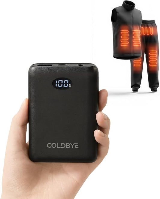ColdBye Mini 𝟏𝟎𝟎𝟎𝟎𝐦𝐀𝐡 5V 2A/3A 7.4V/3A Heated Vest Battery Pack Compatible with Major Heated Clothing Brands, Ultra-Light Portable, USB, Type-C and DC Ports