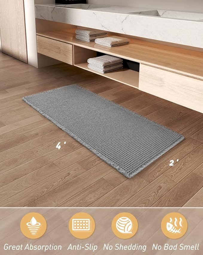 Upgraded Waffle Runner Rug Super Absorbent Non Slip Bath Mats for Bathroom Machine Washable Bathroom Runner Rug with Tassels, Ideal for Hallway Bedroom Laundry Room, Light Grey, 2'x 4'（24" x 48")
