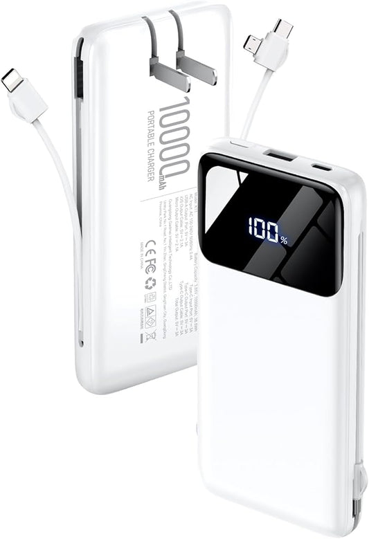 Portable Charger Power Bank with Built-in Cables and Wall Plug, 10000mAh Slim USB-C Battery Pack, 15W Fast Charging Travel Essential Portable Phone Charger Compatible with iPhone, Samsung (White)