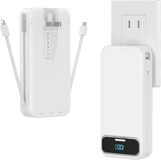 20000mAh Lightweight-Portable-Charger-Power-Bank with Built-in Cables and AC Wall Plug, PD20W USB-C Fast Charging Battery Pack, LED Display External Travel Phone Charger for All iPhone,Samsung,Android