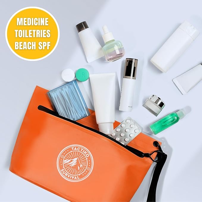 3-Pack Tactiko 3L Water Resistant Pouches - Waterproof Material w/Splashproof Zipper - Hold All Zipper Bags for Storage, Toiletries, Travel, Beach, Cruise, Home (3, Orange/Gray/Black)