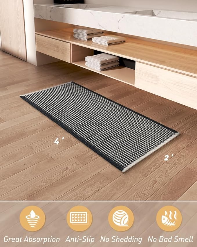 AMOAMI Upgraded Waffle Runner Rug Super Absorbent Non Slip Bath Mats for Bathroom Machine Washable Bathroom Runner Rug with Tassels, Ideal for Hallway Bedroom Laundry Room, 2' x 4', Black & Cream