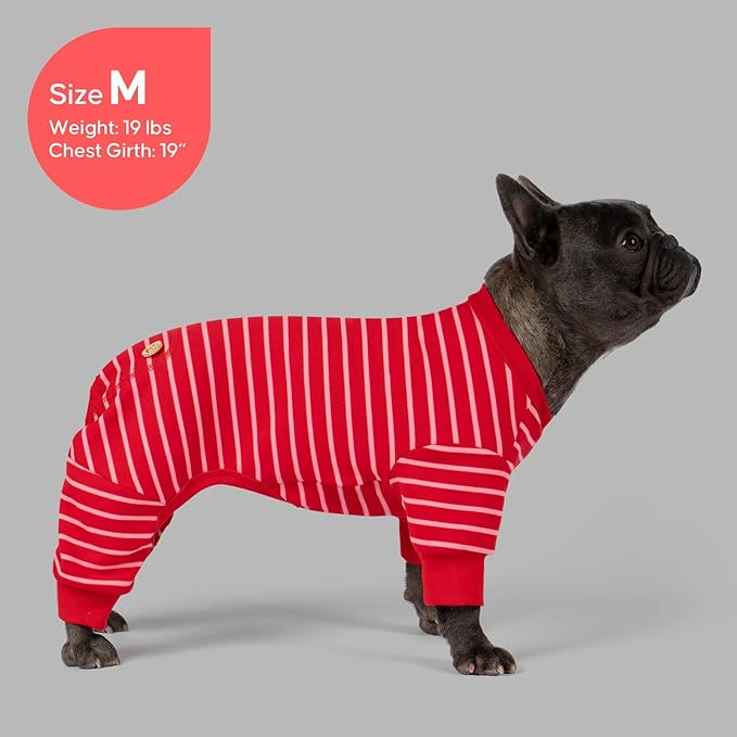 KYEESE Dog Pajamas, Soft 4 Legs Doggie Jammies, Striped Velvet Fleece Dog PJS, Pet Jumpsuit Puppy PJS, Stretchable Outfit Cozy Onesie Sleepwear Soft Pajamas, Red Striped, Small