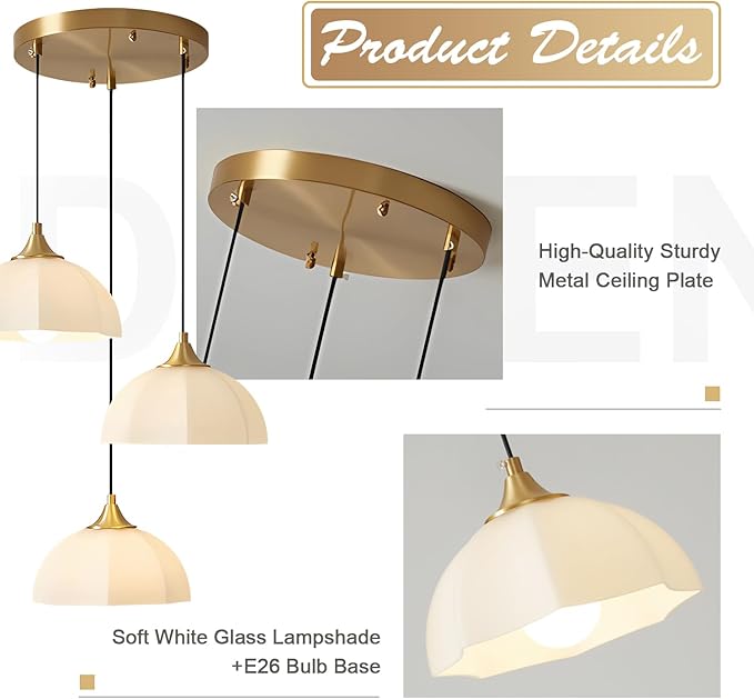 3 Light Cluster Pendant Lighting Gold Milk Glass Chandelier Brushed Brass Pendant Lights Kitchen Island Adjustable Hanging Dining Room Lighting Stairwell Brass Cluster Chandelier MPL17-3R GDN