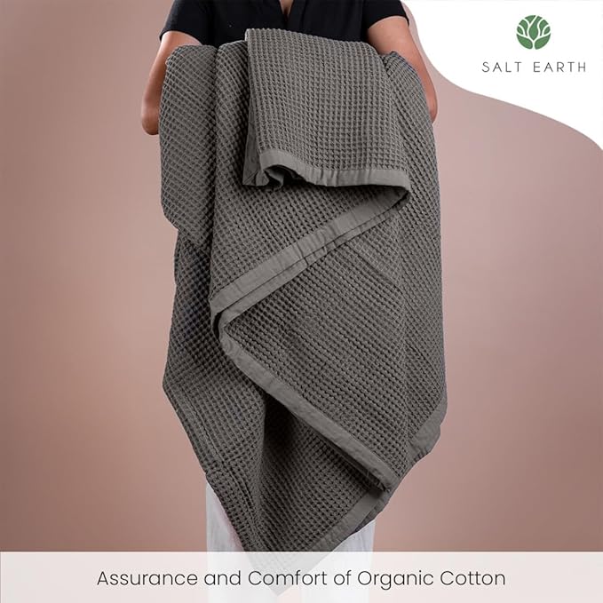 Salt Earth GOTS Certified 100% Organic Cotton Throw Blanket, 60" X 80" Waffle Blankets & Throws for Bed, Throw Blanket for Couch,Modern and Cozy Blanket,All Seasons, Comfy Soft Blanket(Charcoal Grey)