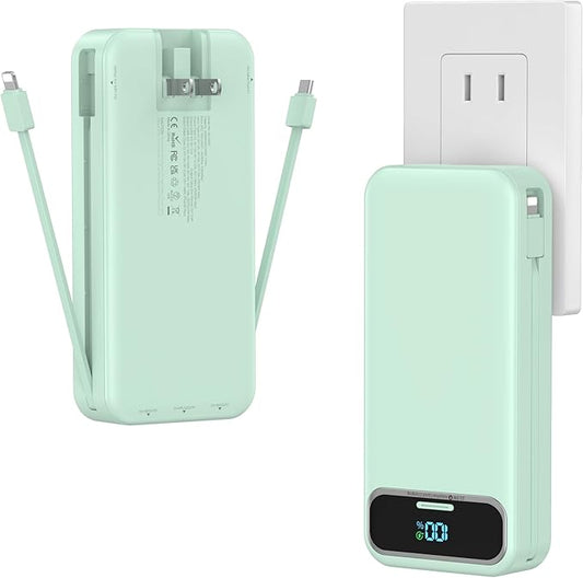 20000mAh Lightweight-Portable-Charger-Power-Bank with Built-in Cables and AC Wall Plug, PD20W USB-C Fast Charging Battery Pack, LED Display External Travel Phone Charger for All iPhone,Samsung,Android