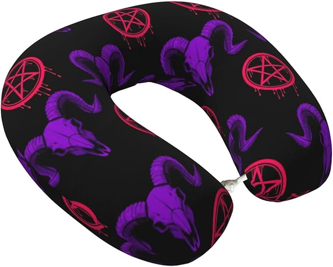 Neck Travel Pillow, Breathable Memory Foam Chin & Head Support Cushion Mystical Ram Skull for Airplane Car Sleeping Rest