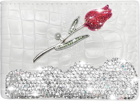 Bling Sparkle Rhinestone Flower Leather Credit Card Holder,10 Slots BlankDriver's License Holder for Women and Men, Multi-Functional Card Organizer for Documents, ID Cards, License (White)