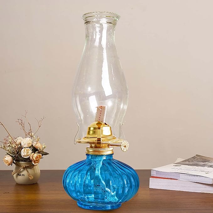 Large Oil Lamp for Indoor Use,Rustic Kerosene Lamp with 2 Pcs Wicks and 1 Tweezers,Glass Hurricane Lantern for Home Emergency Lighting (Blue)