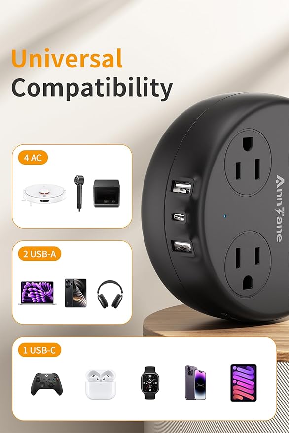 European Travel Plug Adapter - Retractable Power Strip with 4 AC Outlets & 3 USB Ports (USB-C), Type C Adapter for US to Most of Europe Iceland Spain Italy France Germany and More (Black)