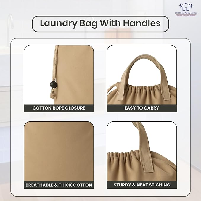 LFH Home Large Premium Cotton Canvas Laundry Bag with Drawstring and Handles Heavy Duty, Multi-Use, and Washable for Home, Travel, College or Storage 28x36 (Pack of 2)-Beige