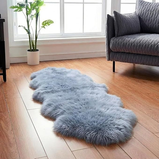 Woolous Gray Sheepskin Rug 2x6 ft - Genuine New Zealand Sheep Skin Runner Rug, Soft Thick Natural Double Pelt Rug for Bedroom, Living Room, and Bedside Decor