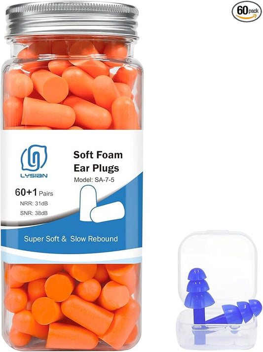 LYSIAN Soft Foam Earplugs 38dB SNR, 60 Pairs, Disposable Noise Cancelling Ear Plugs for Snoring, Work, Sleeping, Industrial, Shooting Range Hearing Protection- Orange