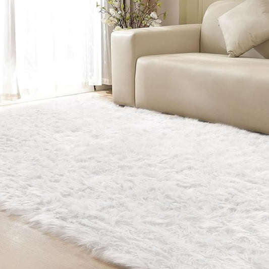 White Rugs for Living Room 6x9 Area Rugs for Bedroom Large Washable Faux Sheepskin Fluffy Fur Rug Nursery Rugs Room Décor