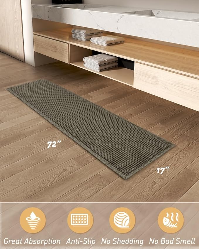 Upgraded Waffle Runner Rug, Super Absorbent Non Slip Bath Mats for Bathroom Floor, Machine Washable Bathroom Runner Rug with Tassels, Ideal for Hallway Bedroom Laundry Room, Dark Green, 17" x 72"