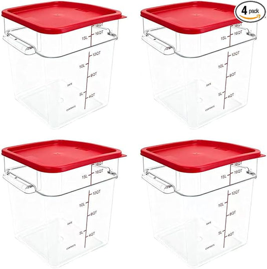 TSUBOR 4 Pack Food Storage Containers with Red Lids, 18.0 Qt - Square, Clear, Polycarbonate, for Restaurant Commercial Kitchen and Home party