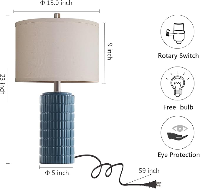 23'' Set of 2 Farmhouse Ceramic Table Lamps for Living Room, Rustic Nightstand Lamp for Bedroom, Office, Dorm, Hallway, 2 LED Bulbs Included