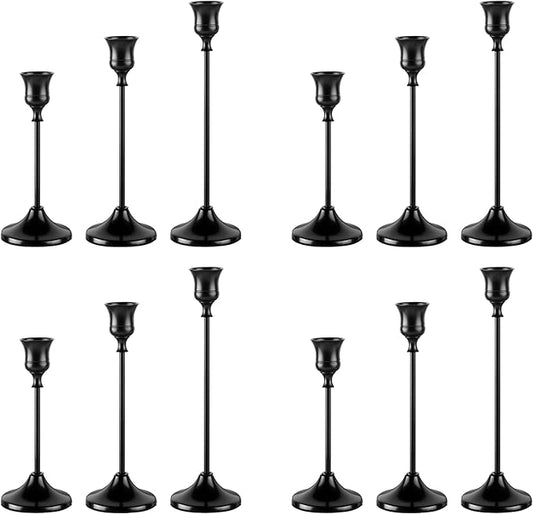 Taper Candle Holders, Tall Vintage Metal Candlestick Holders, 12 PCS Black Candle Sticks Holders for Home Decor Table Centerpiece Wedding Housewarming Festival, Black, 4 Sets (12 pcs)
