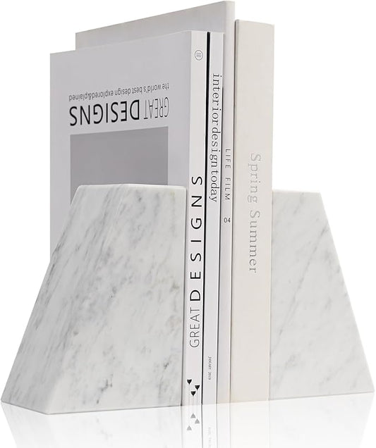 Luxury Marble Bookends for Shelves, 11LB Heavy Duty Marble Book Ends for Heavy Books, Stone Bookends Decorative, Polished, Carrara White Triangular, Set of 2