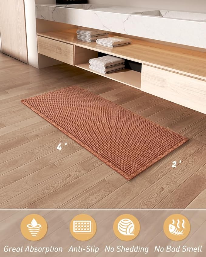 Upgraded Waffle Runner Rug Super Absorbent Non Slip Bath Mats for Bathroom Machine Washable Bathroom Runner Rug with Tassels, Ideal for Hallway Bedroom Laundry Room, Dirty Orange, 2'x 4'(24" x 48")