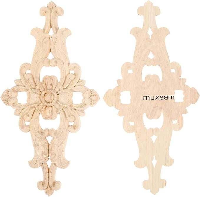 MUXSAM Wood Carved Appliques Furniture Decorative Onlays, 2Pcs Unpainted DIY Center Carving Decal for Door Wall Ceiling Cabinet Dresser Mirror Bed Mantel Bench Decoration, 27x14cm/10.63"x5.51"