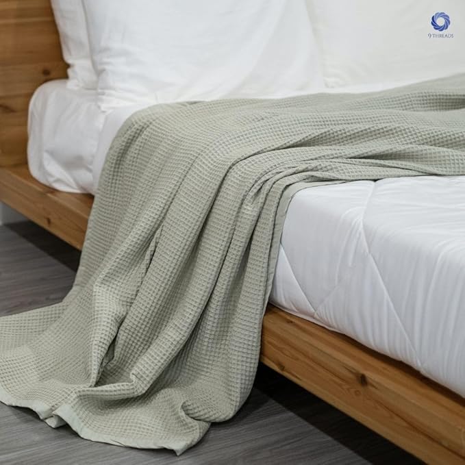 GOTS Certified Organic Cotton Waffle Weave Blanket, Queen Bed Size, 90"X90"Cozy Throw Blanket for Couch, Modern Home Decor, Throw Blankets,Comfy Waffle Blanket Soft Bed Blankets -Sea Foam