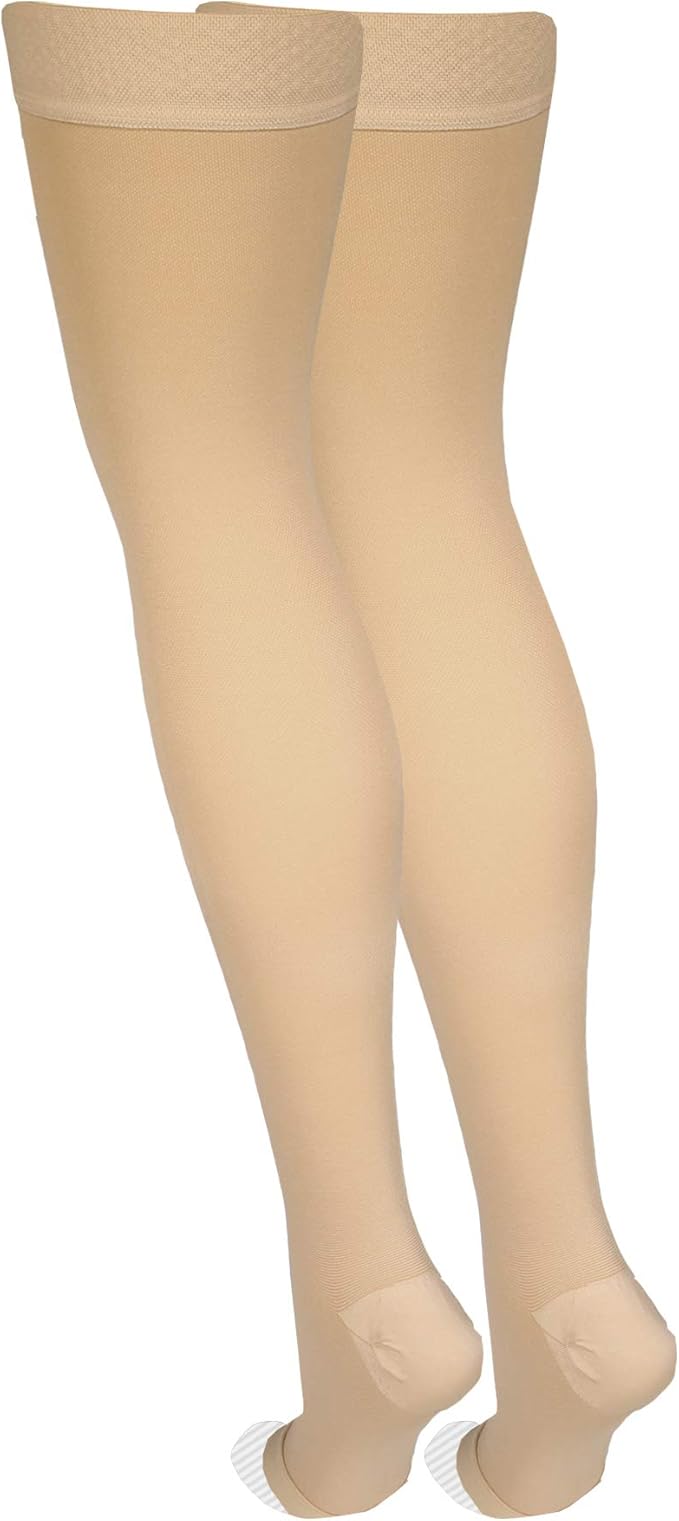 Amazon Basic Care Medical Compression Stockings, 20-30 mmHg Support, Women & Men Thigh Length Hose, Open Toe, Beige, X-Large (Previously NuVein) (Pack of 2)