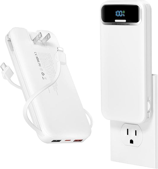 12000mAh Lightweight-Portable-Charger-Power-Bank with Built-in Cables and AC Wall Plug, PD20W USB-C Fast Charging Battery Pack, LED Display External Travel Phone Charger for All iPhone,Samsung,Android