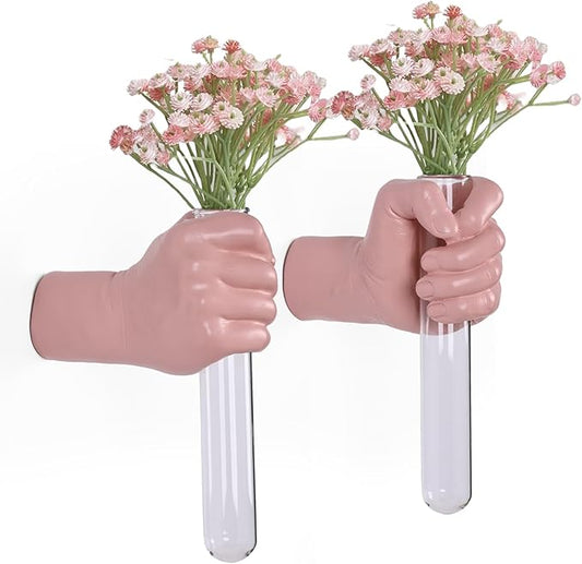 2 Pieces Wall Sculptures, Hands Vase Home Decor, Wall Mount Art Sculpture, Unique Wall Art Statue, Funky Flower Vase Decorations, Modern Eclectic Hanging Decor,Hands Statue (Pink(L+R))