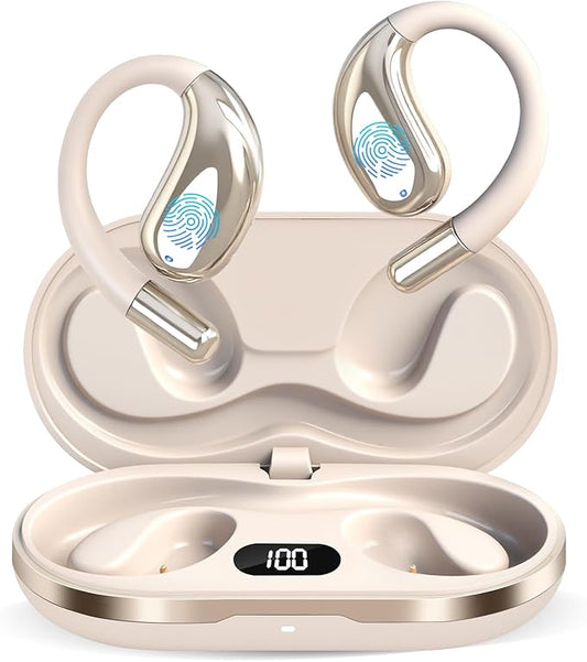 Open Ear Clip Wireless Earbuds Bone Conduction Headphones, Bluetooth 5.4, Open Ear Design, Built-in Mic, IPX7 Waterproof, LED Display Charging Case,Ear Hooks Ear Buds,Design for Running Fitness
